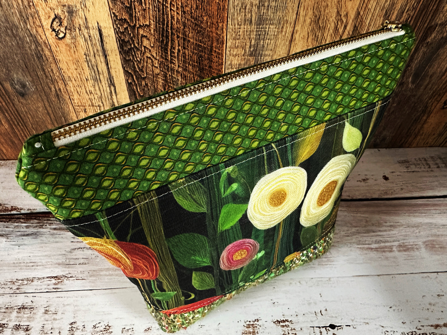 Peony Flowers with Woven Llama and Flax Cosmetic or Zipper Bag