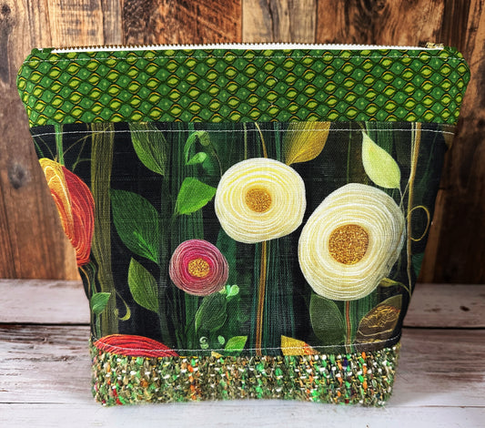 Peony Flowers with Woven Llama and Flax Cosmetic or Zipper Bag