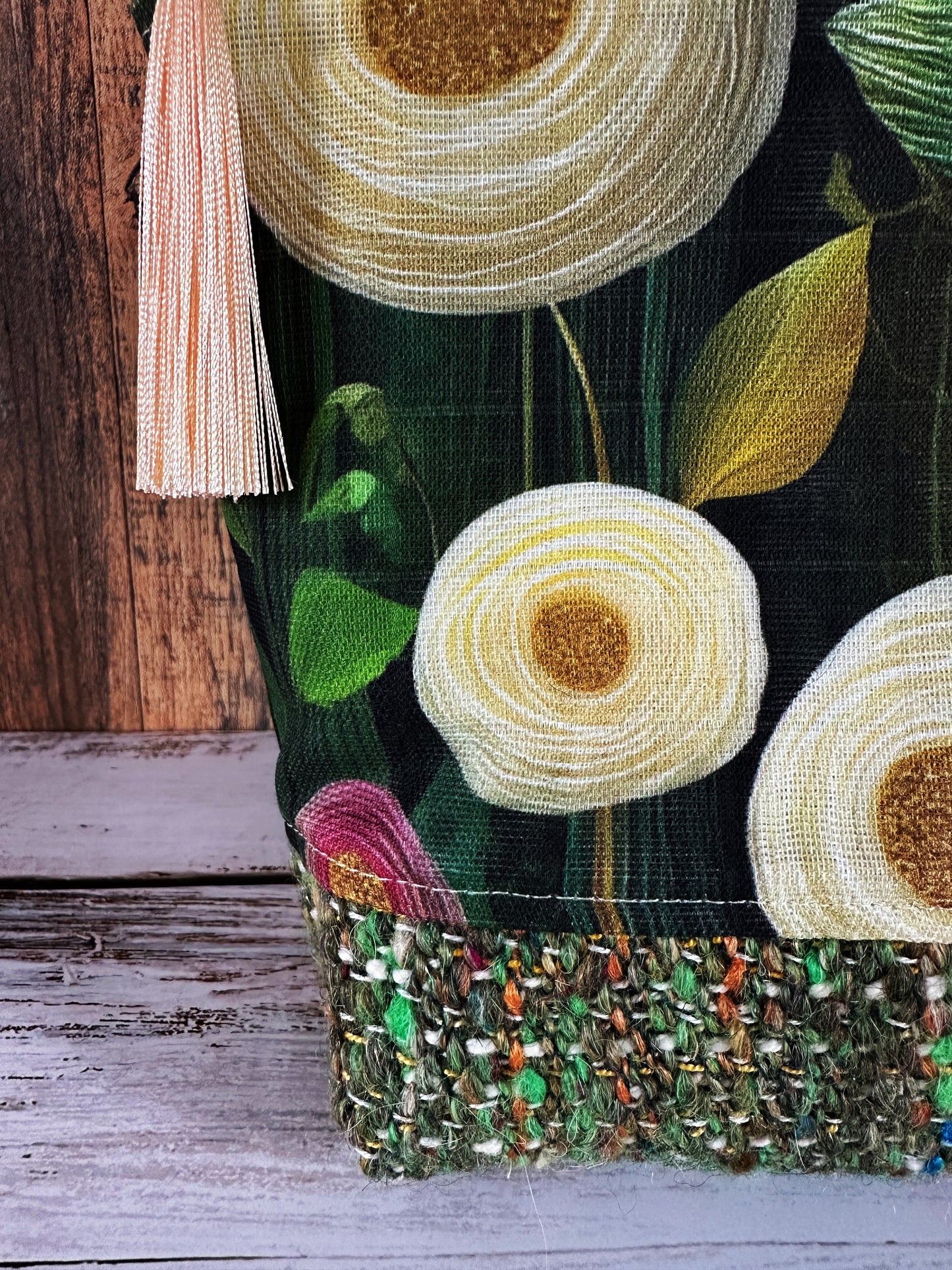 Peony Flowers with Woven Llama and Flax Cosmetic or Zipper Bag