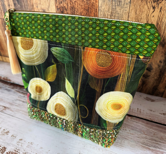 Peony Flowers with Woven Llama and Flax Cosmetic or Zipper Bag