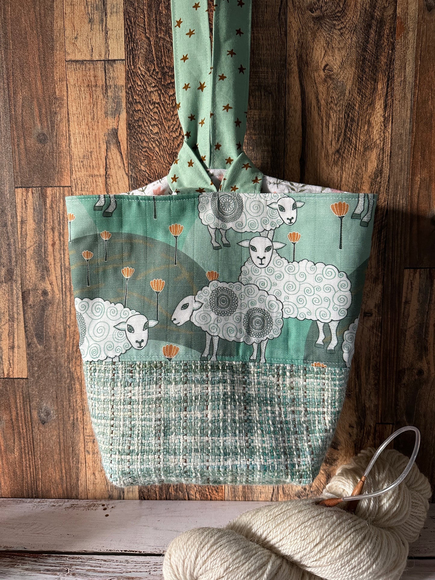Sweet Sheep and Handwoven Wool Medium Loop Bag, Slouchy Sack Project Bag