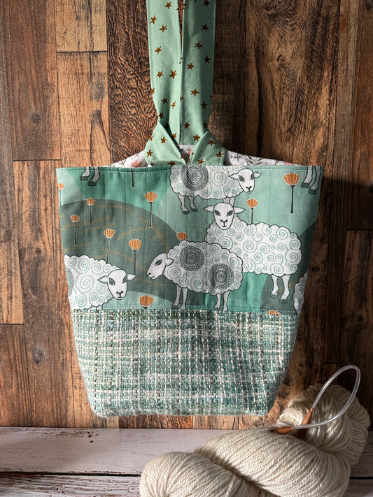 Sweet Sheep and Handwoven Wool Medium Loop Bag, Slouchy Sack Project Bag