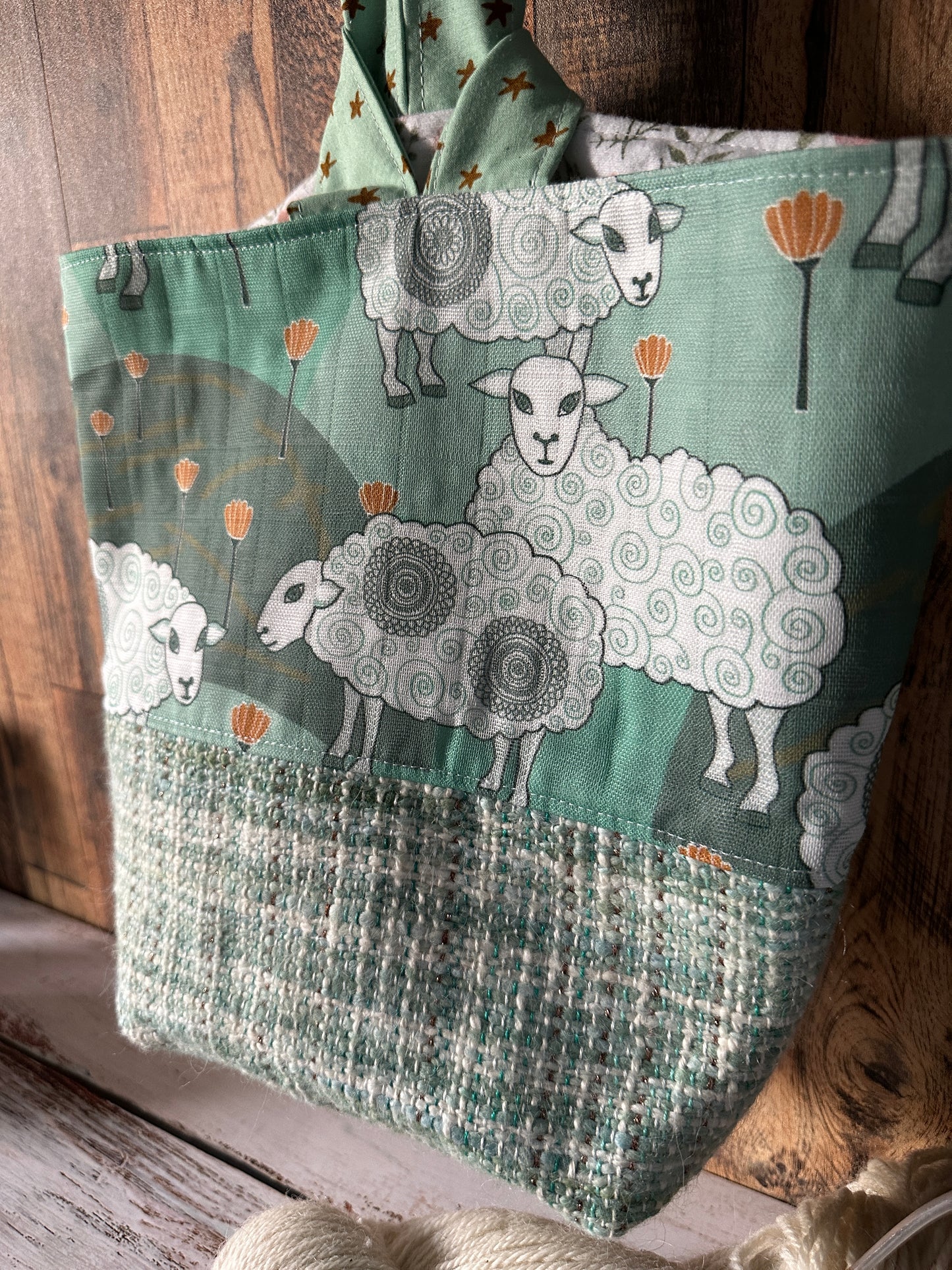 Sweet Sheep and Handwoven Wool Medium Loop Bag, Slouchy Sack Project Bag