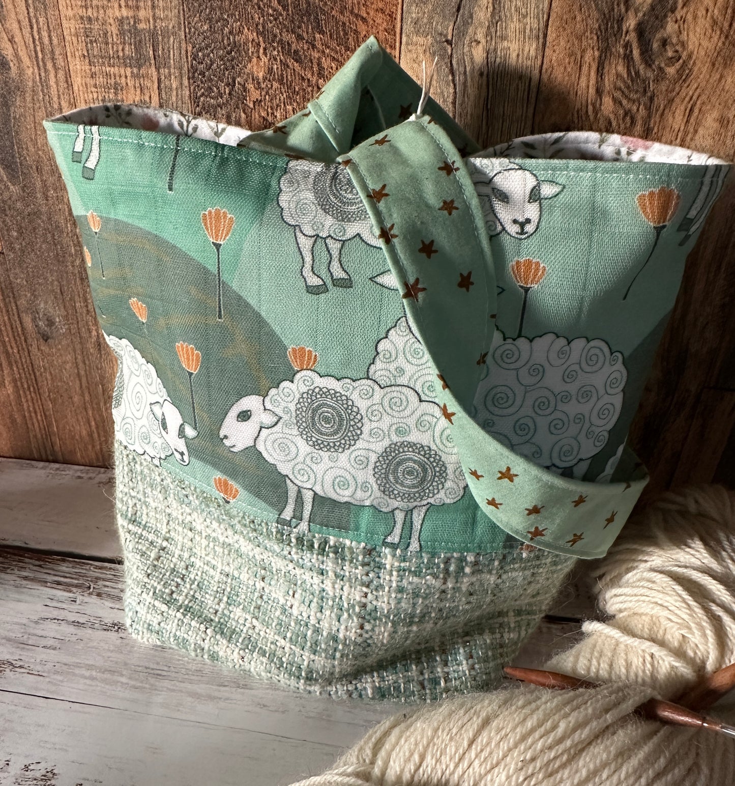 Sweet Sheep and Handwoven Wool Medium Loop Bag, Slouchy Sack Project Bag