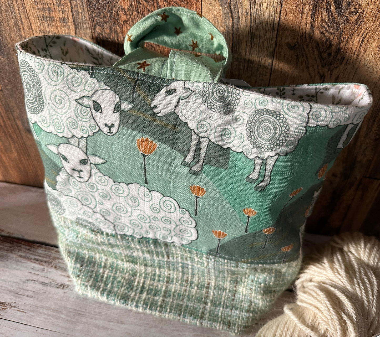Sweet Sheep and Handwoven Wool Medium Loop Bag, Slouchy Sack Project Bag