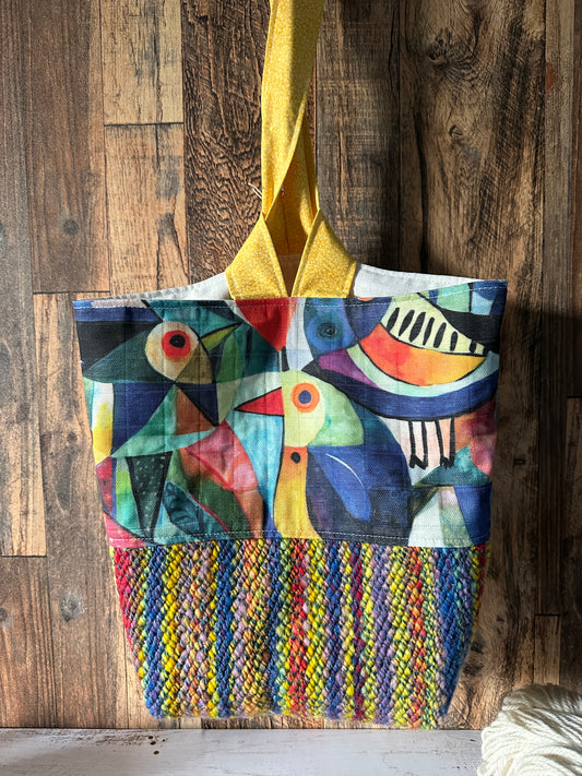 Abstract Birds and Handwoven Wool Medium Loop Bag, Sloughy Sack Project Bag