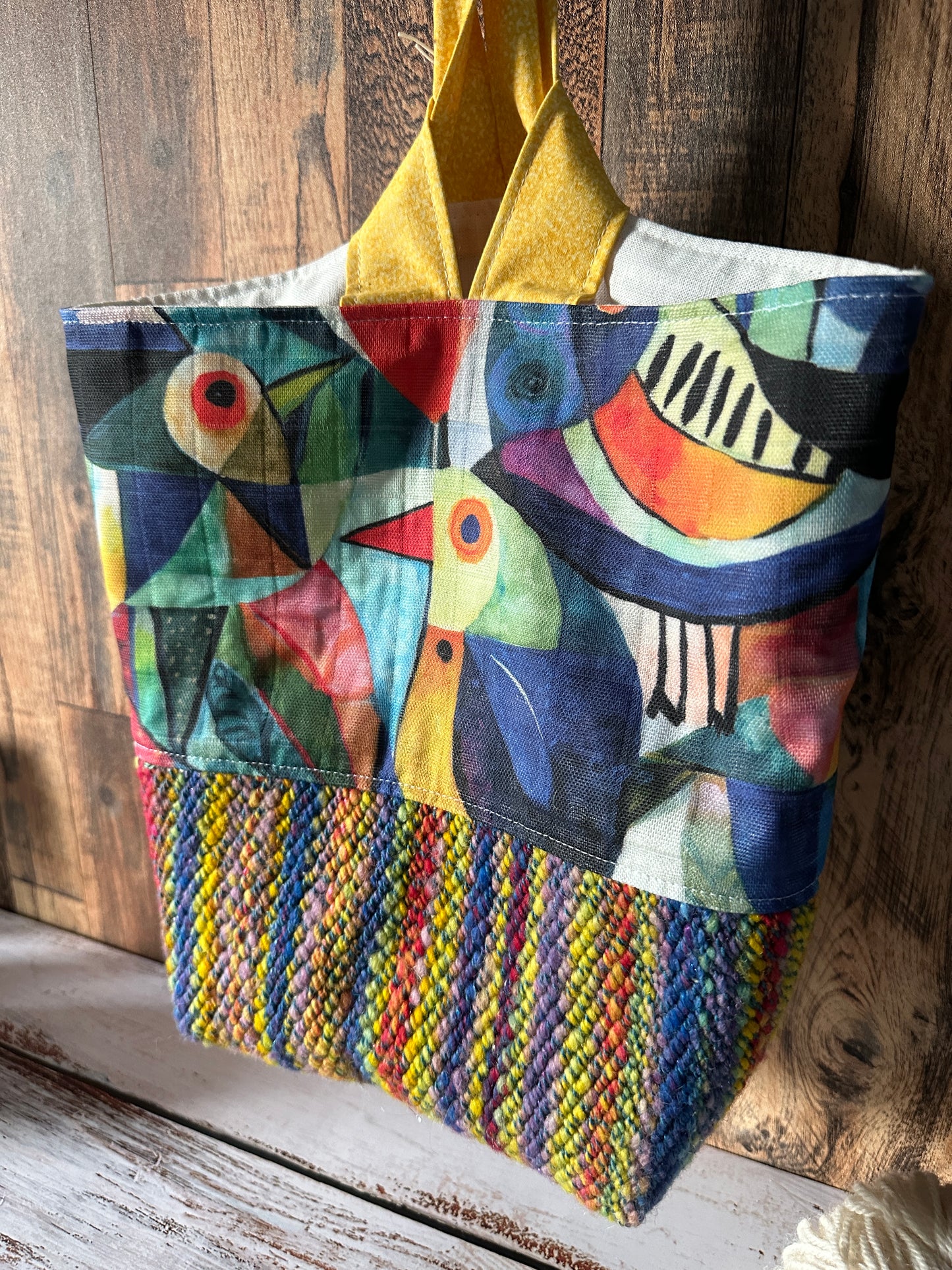 Abstract Birds and Handwoven Wool Medium Loop Bag, Sloughy Sack Project Bag