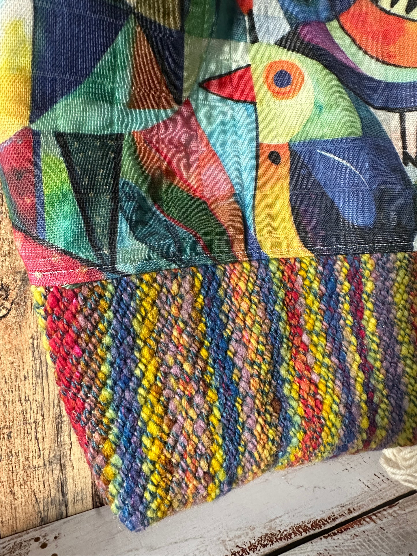 Abstract Birds and Handwoven Wool Medium Loop Bag, Sloughy Sack Project Bag