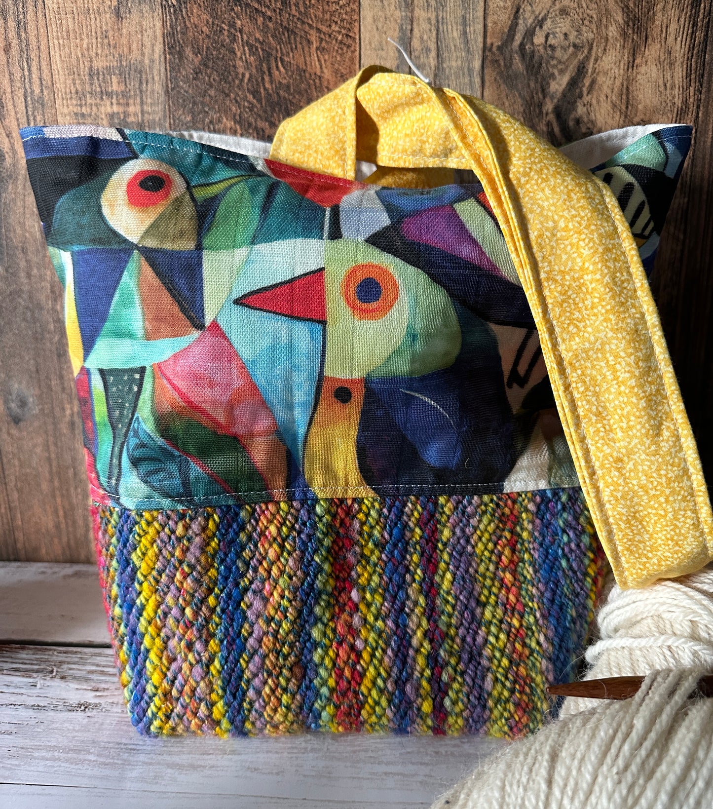 Abstract Birds and Handwoven Wool Medium Loop Bag, Sloughy Sack Project Bag
