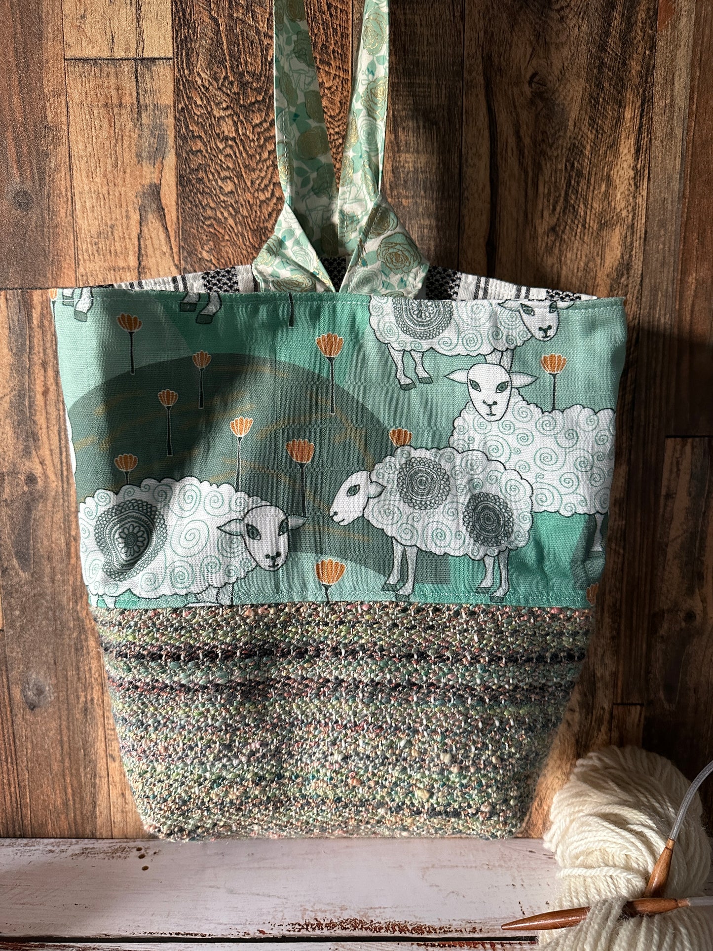 Sweet Sheep and Handwoven Wool Medium Loop Bag, Slouchy Sack Project Bag
