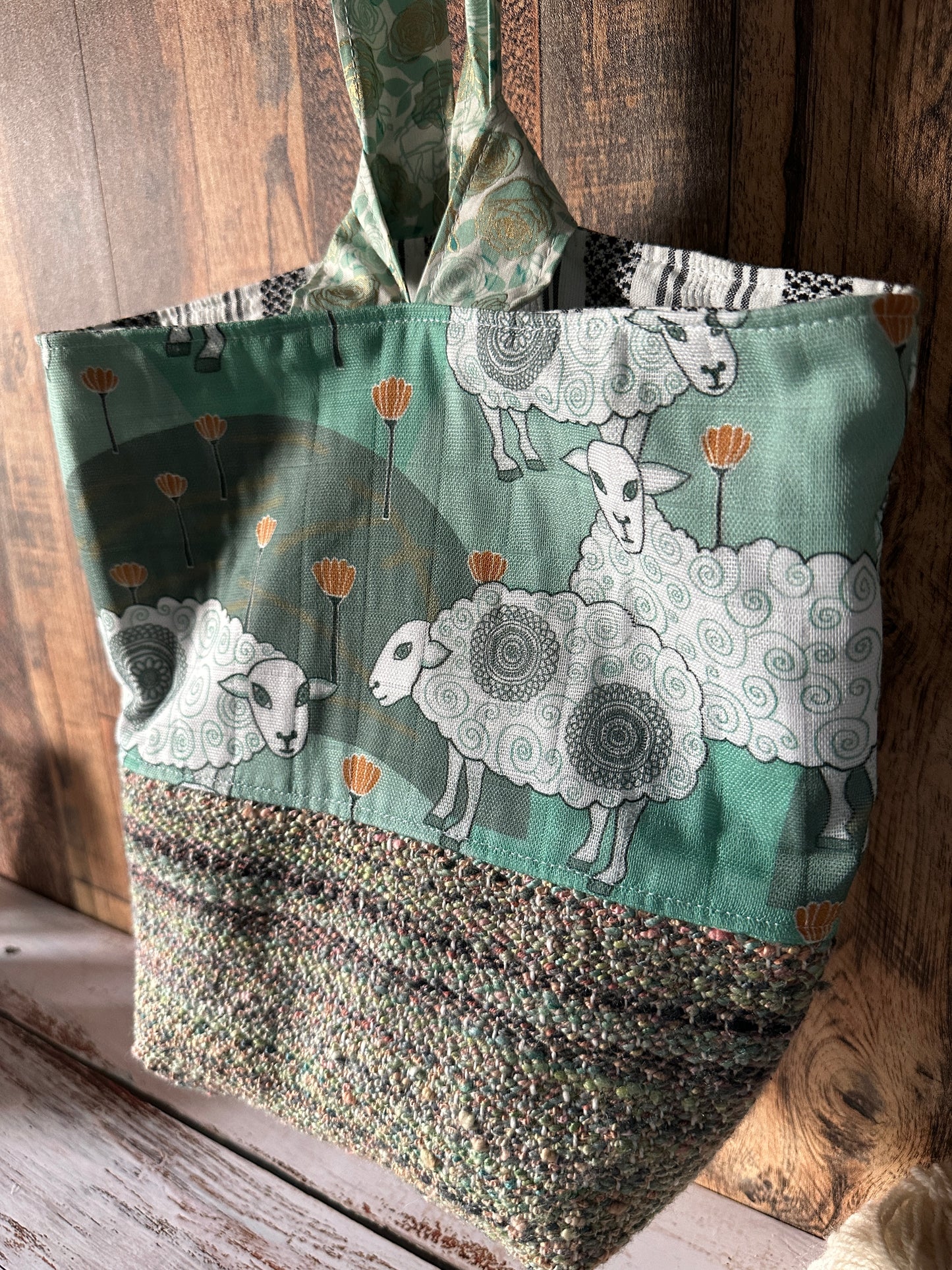 Sweet Sheep and Handwoven Wool Medium Loop Bag, Slouchy Sack Project Bag