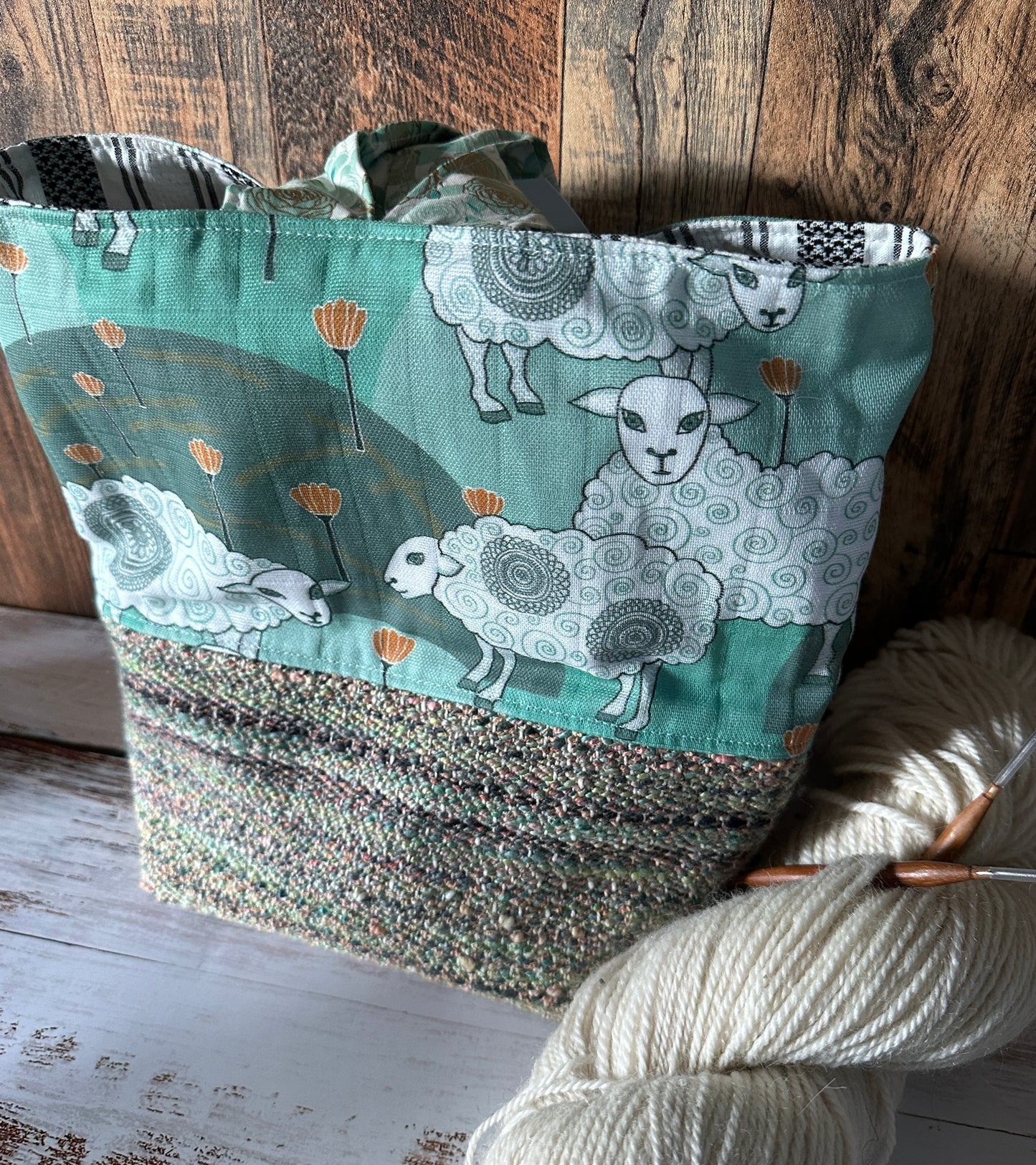 Sweet Sheep and Handwoven Wool Medium Loop Bag, Slouchy Sack Project Bag