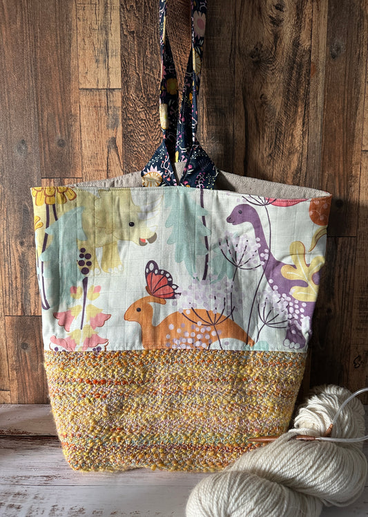 Dinosaurs in the Garden and Handwoven Wool Large Loop Bag, Slouchy Sack Project Bag