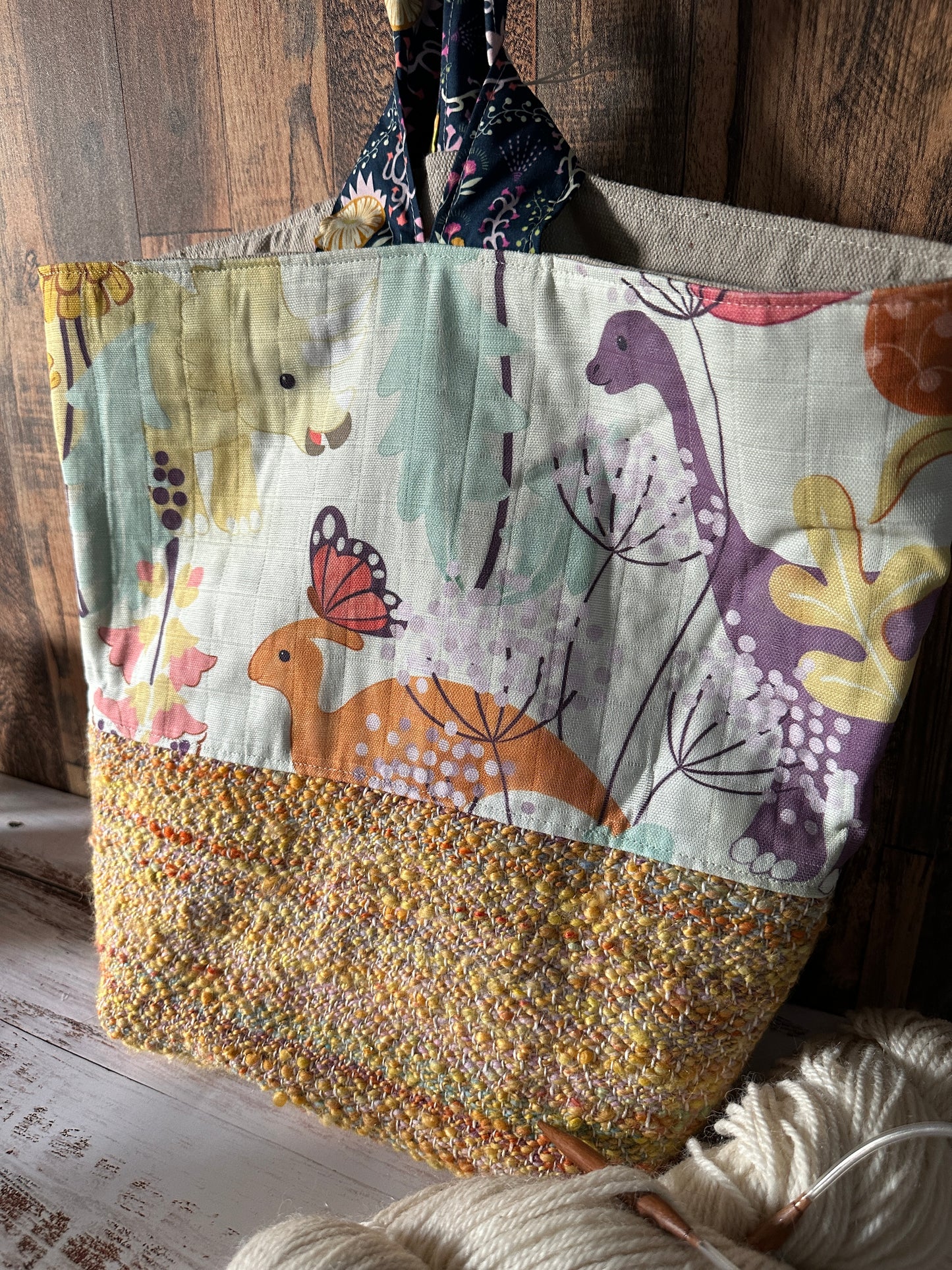 Dinosaurs in the Garden and Handwoven Wool Large Loop Bag, Slouchy Sack Project Bag