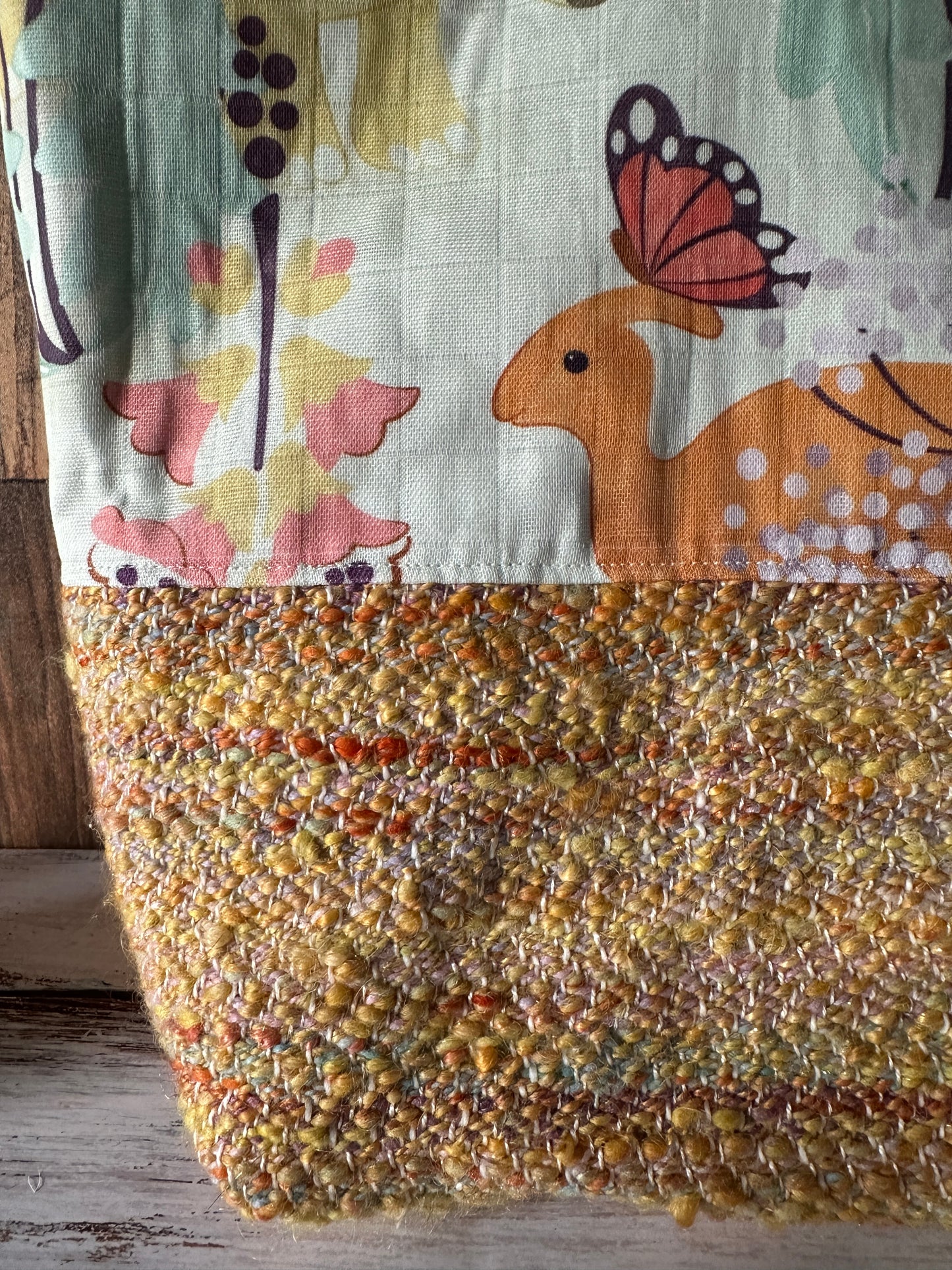 Dinosaurs in the Garden and Handwoven Wool Large Loop Bag, Slouchy Sack Project Bag