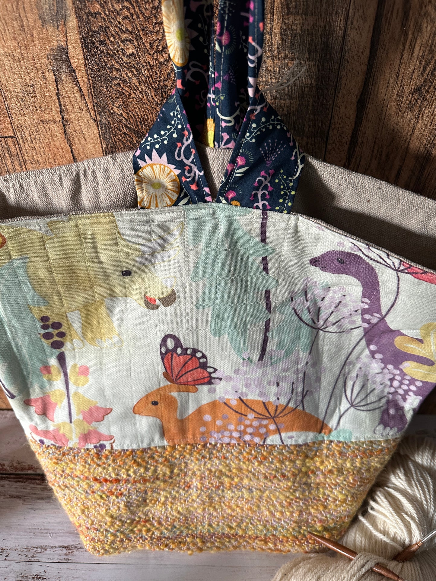 Dinosaurs in the Garden and Handwoven Wool Large Loop Bag, Slouchy Sack Project Bag