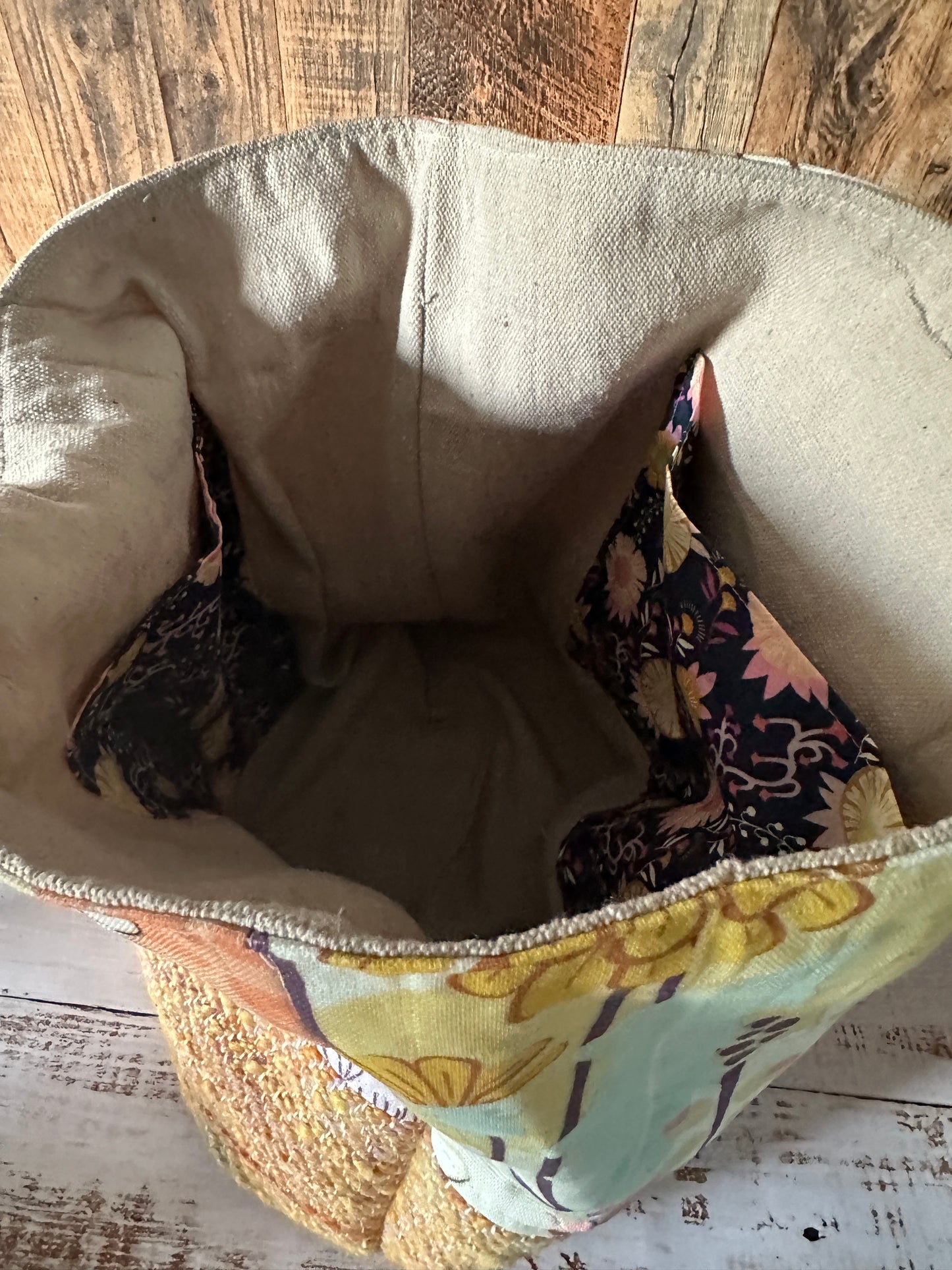 Dinosaurs in the Garden and Handwoven Wool Large Loop Bag, Slouchy Sack Project Bag