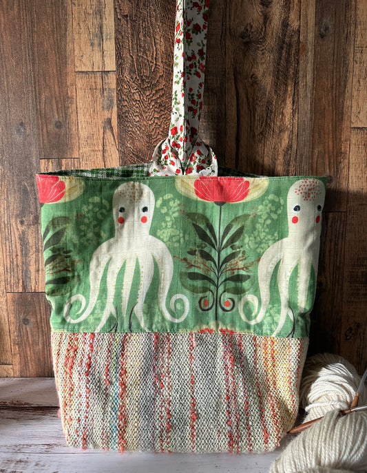 Octopus Garden and Handwoven Wool Large Loop Bag, Slouchy Sack Project Bag