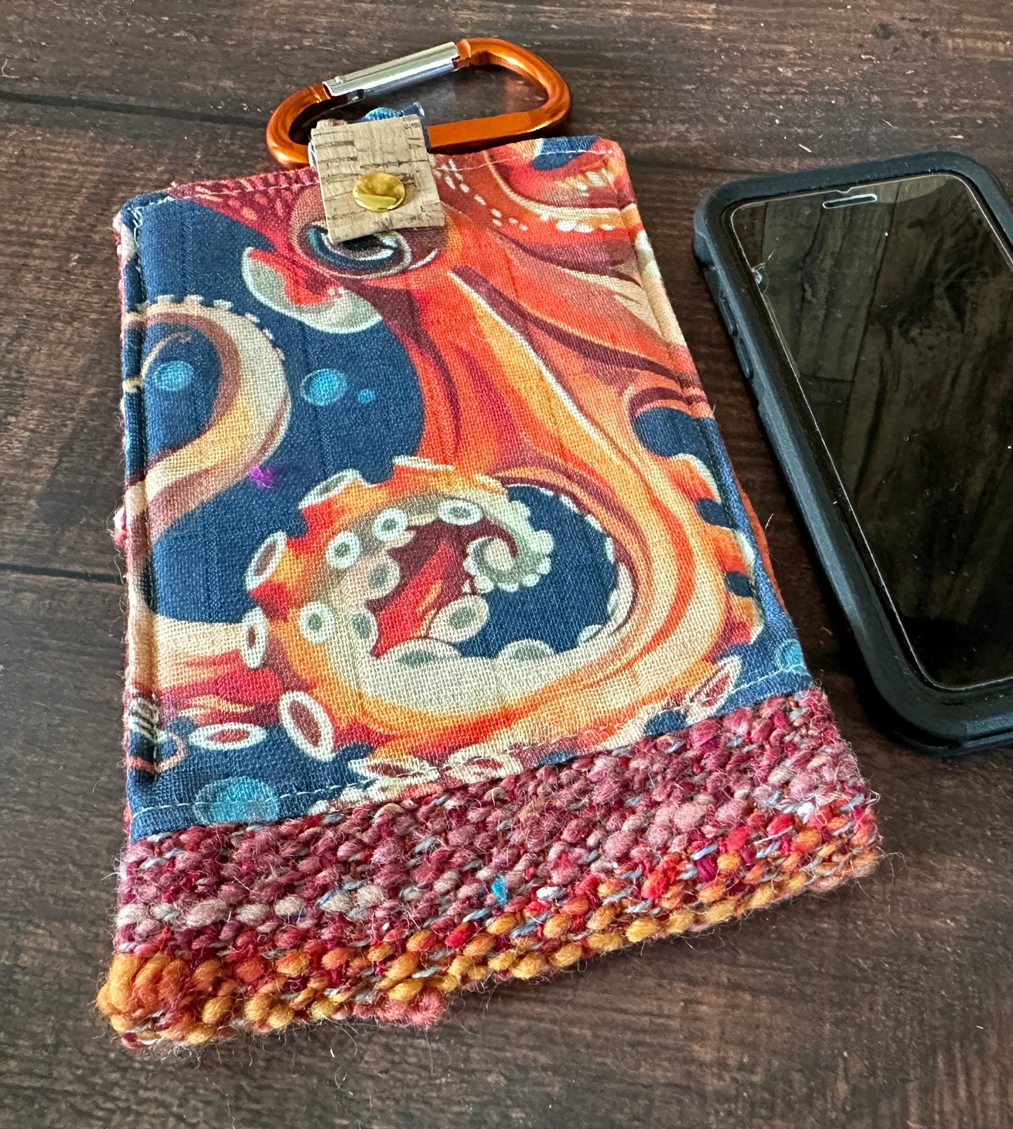 Octopus and Handwoven Wool Phone Pouch with Internal Card Pocket