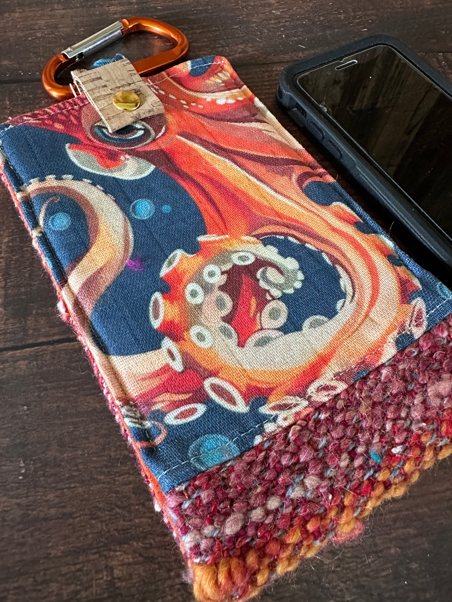 Octopus and Handwoven Wool Phone Pouch with Internal Card Pocket