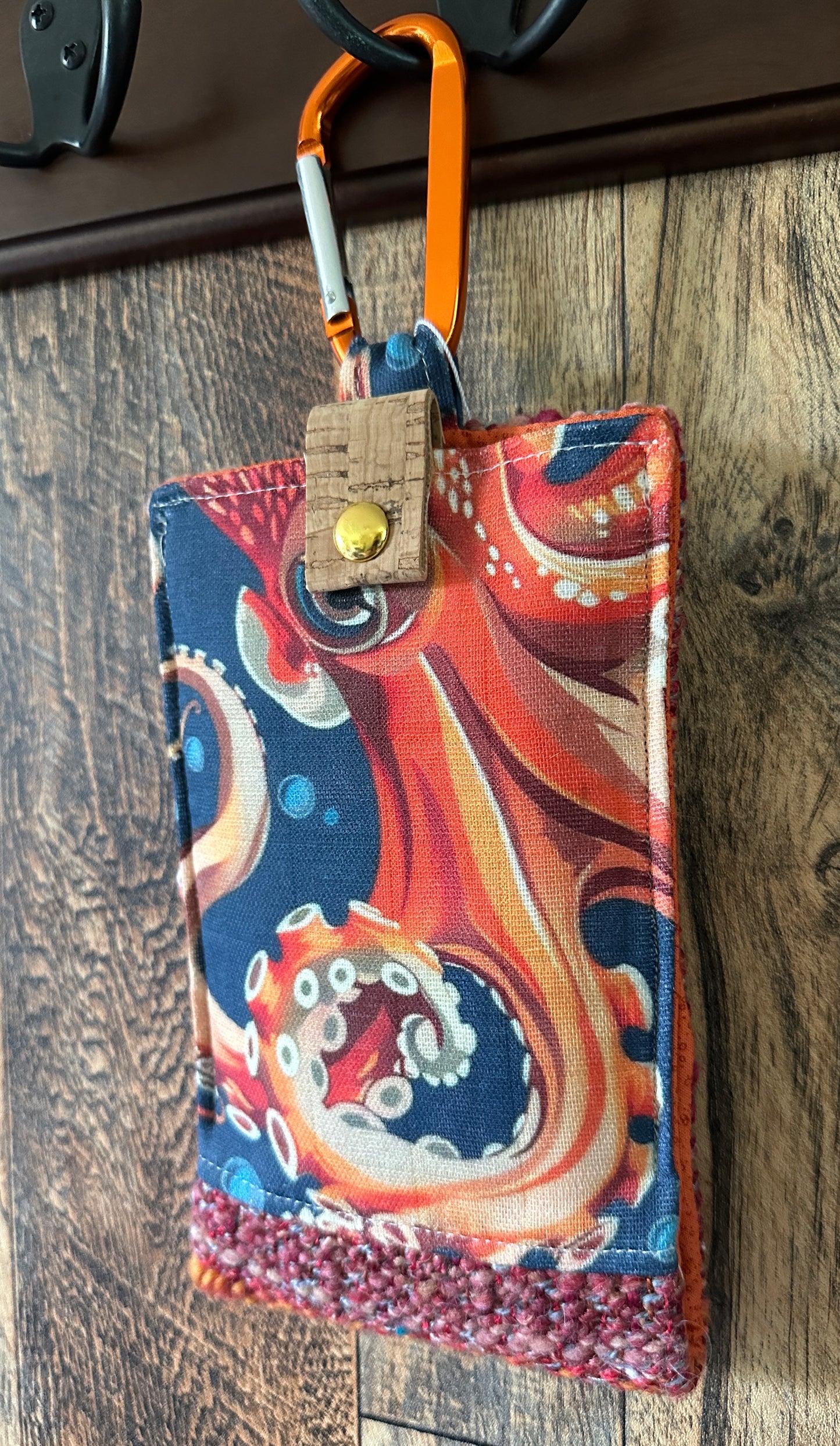 Octopus and Handwoven Wool Phone Pouch with Internal Card Pocket