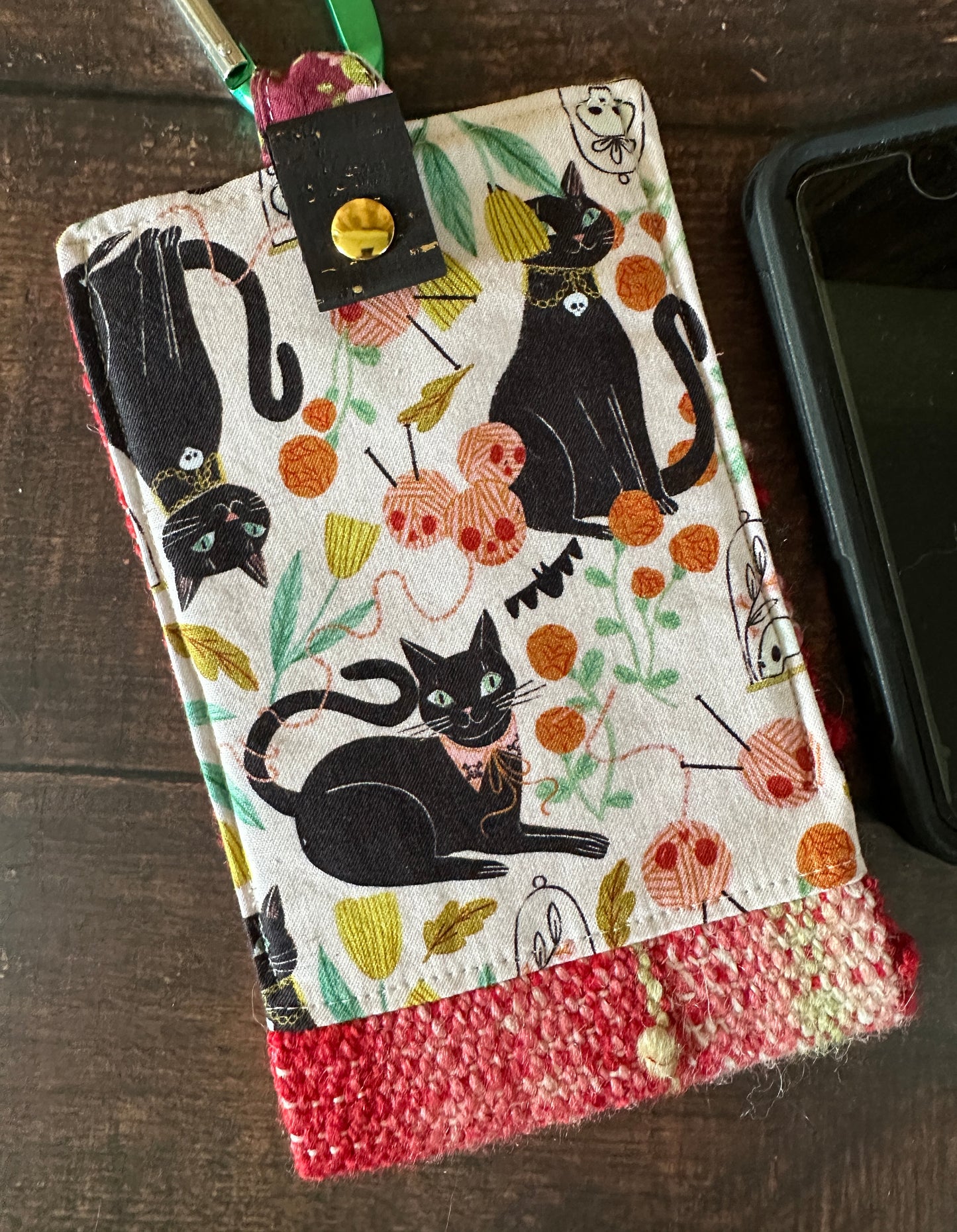 Goth Black Cat and Handwoven Wool Phone Pouch with Internal Card Pocket
