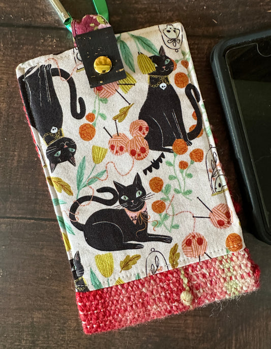 Goth Black Cat and Handwoven Wool Phone Pouch with Internal Card Pocket
