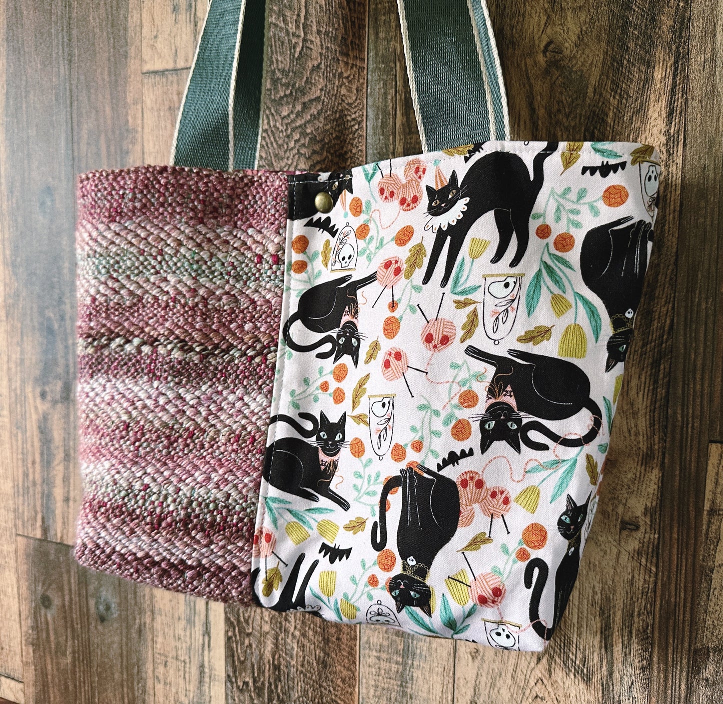 Goth Black Cats and Handwoven Wool Med Tote