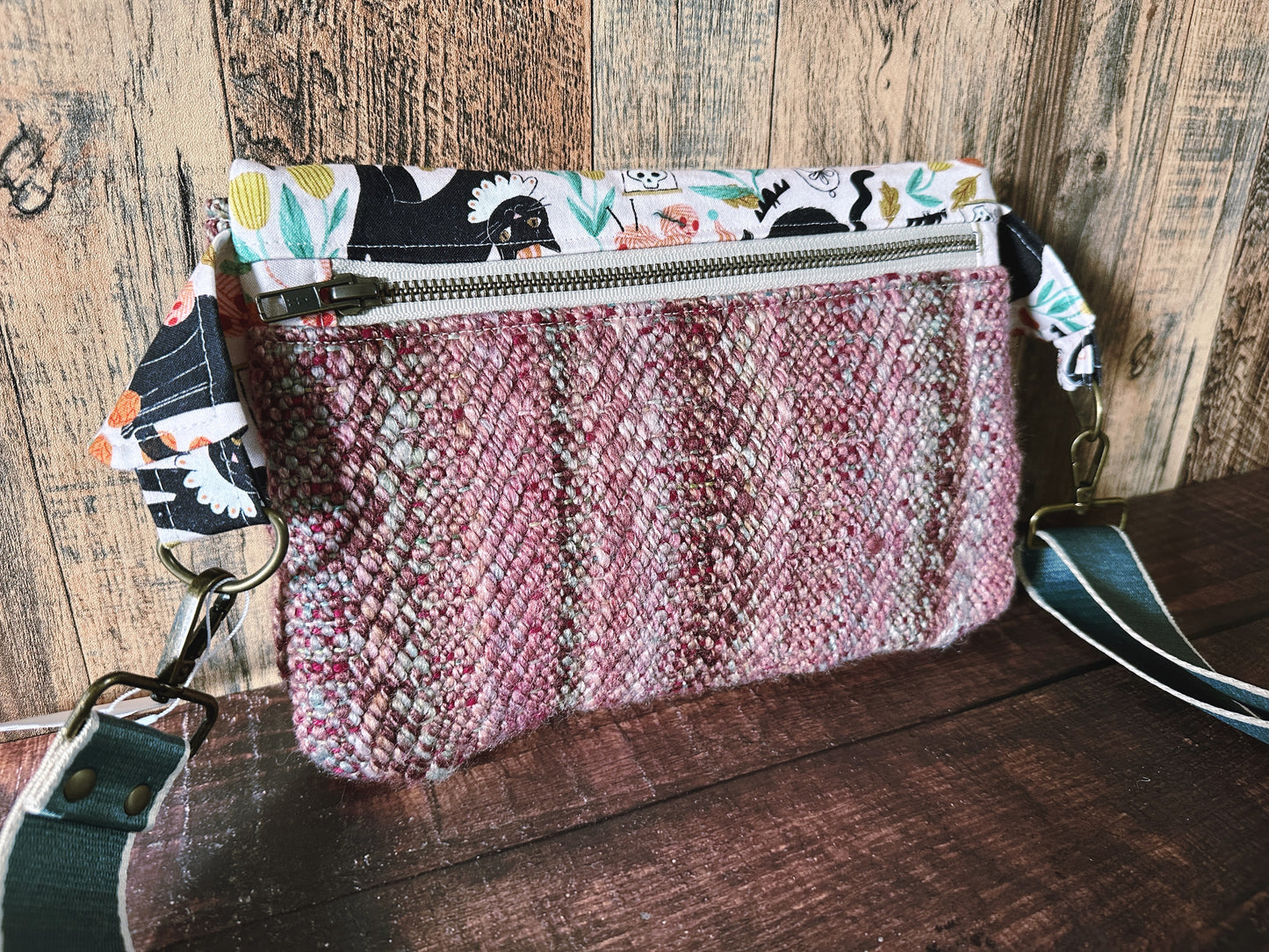 Goth Black Cat and Woven Wool Crossbody Sling Bag