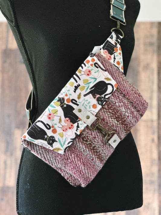 Goth Black Cat and Woven Wool Crossbody Sling Bag