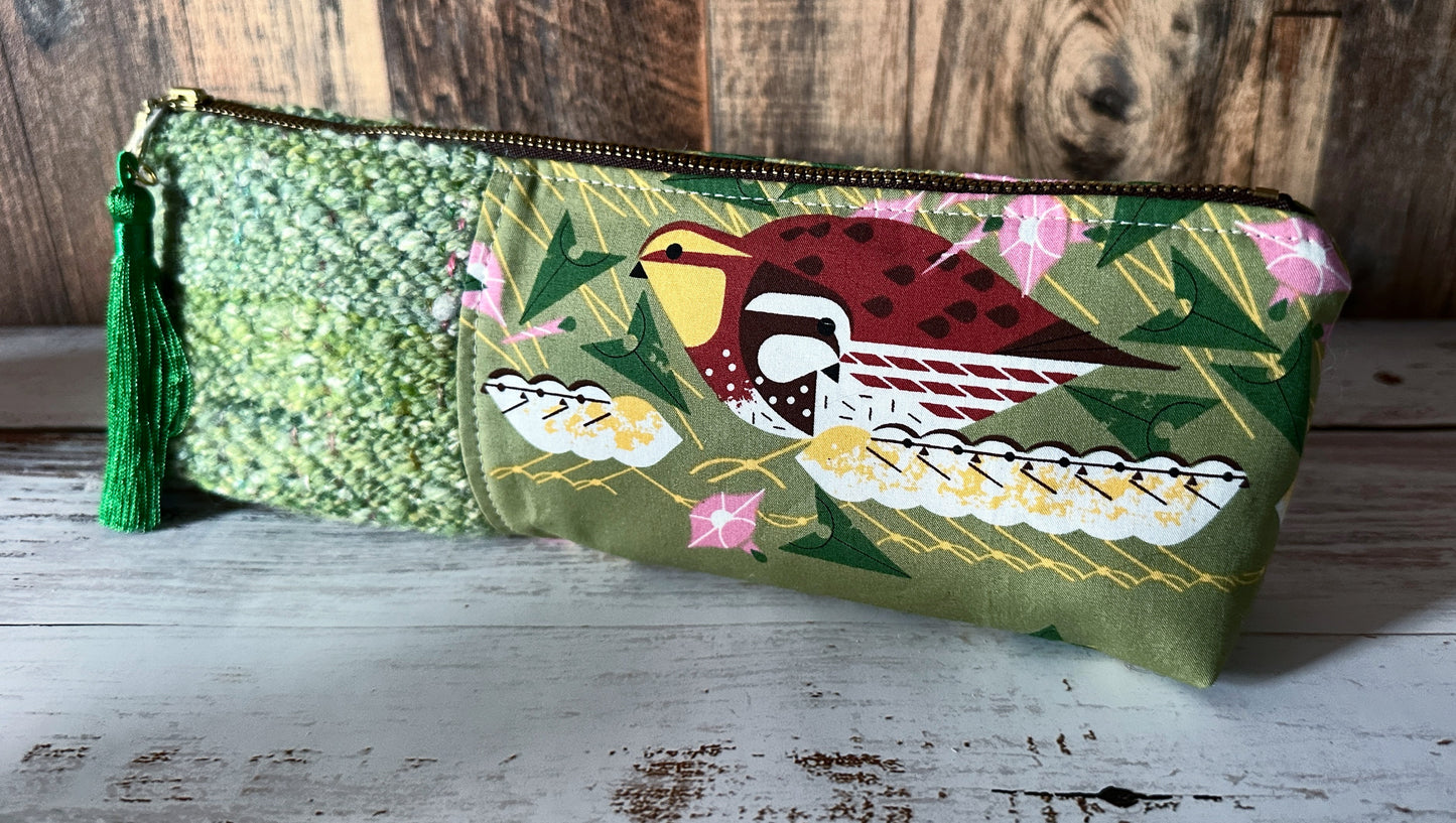 Bobwhite Quail with Handwoven Wool Long and Lean Zipper Bag