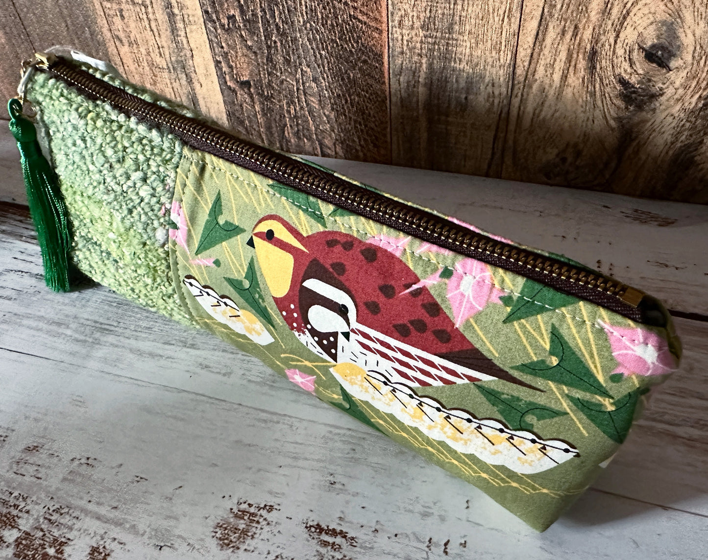 Bobwhite Quail with Handwoven Wool Long and Lean Zipper Bag