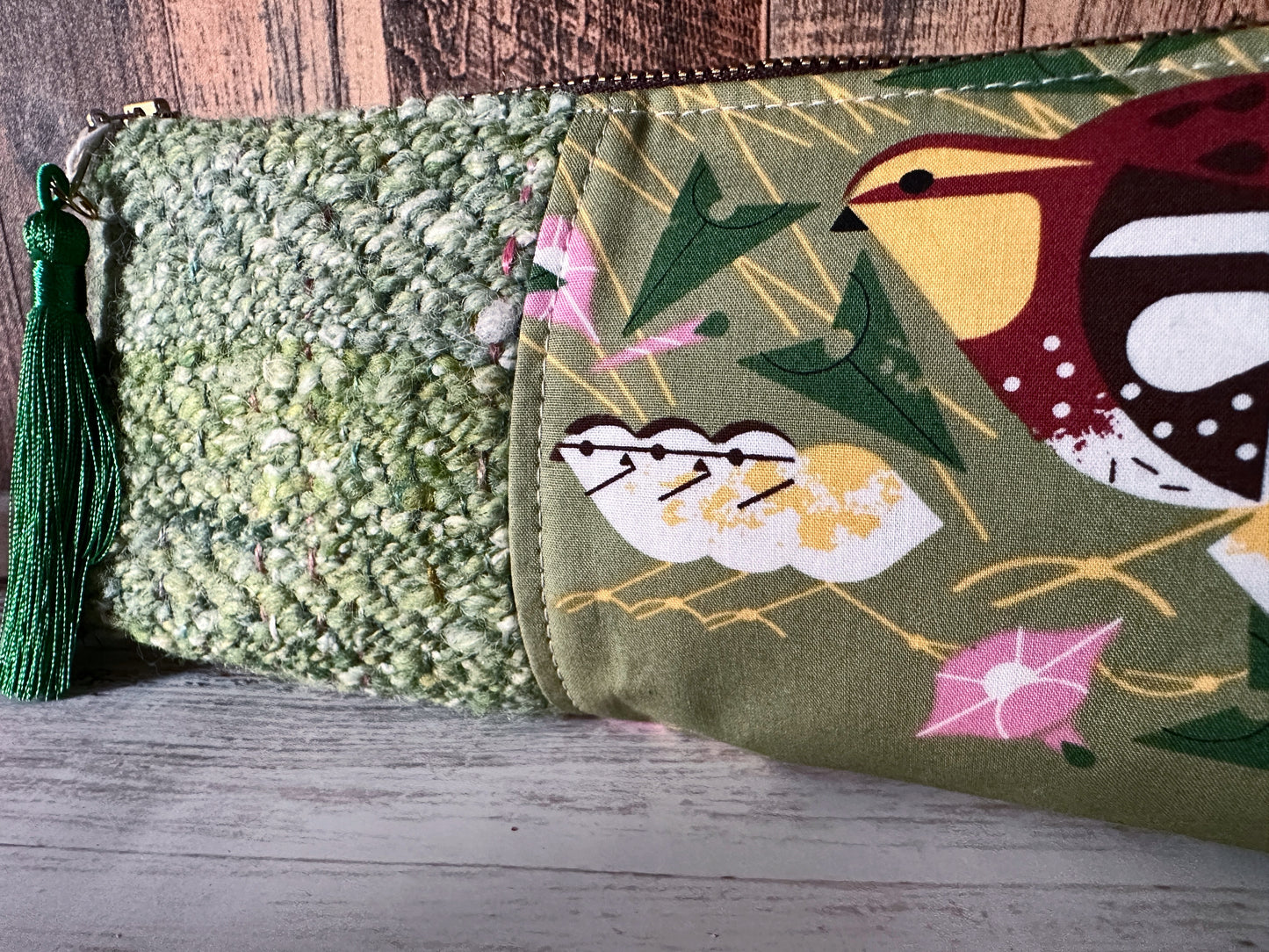 Bobwhite Quail with Handwoven Wool Long and Lean Zipper Bag