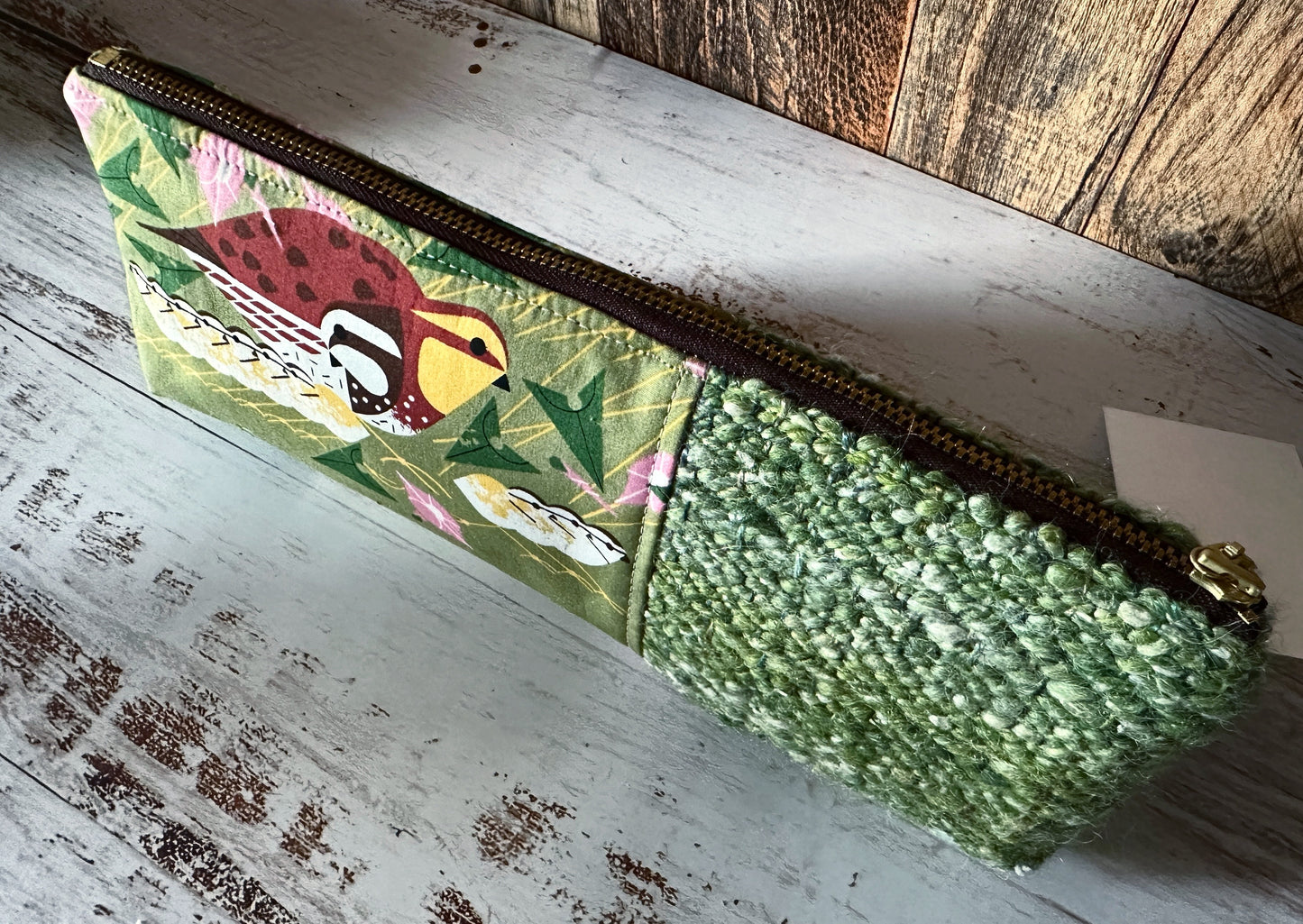 Bobwhite Quail with Handwoven Wool Long and Lean Zipper Bag