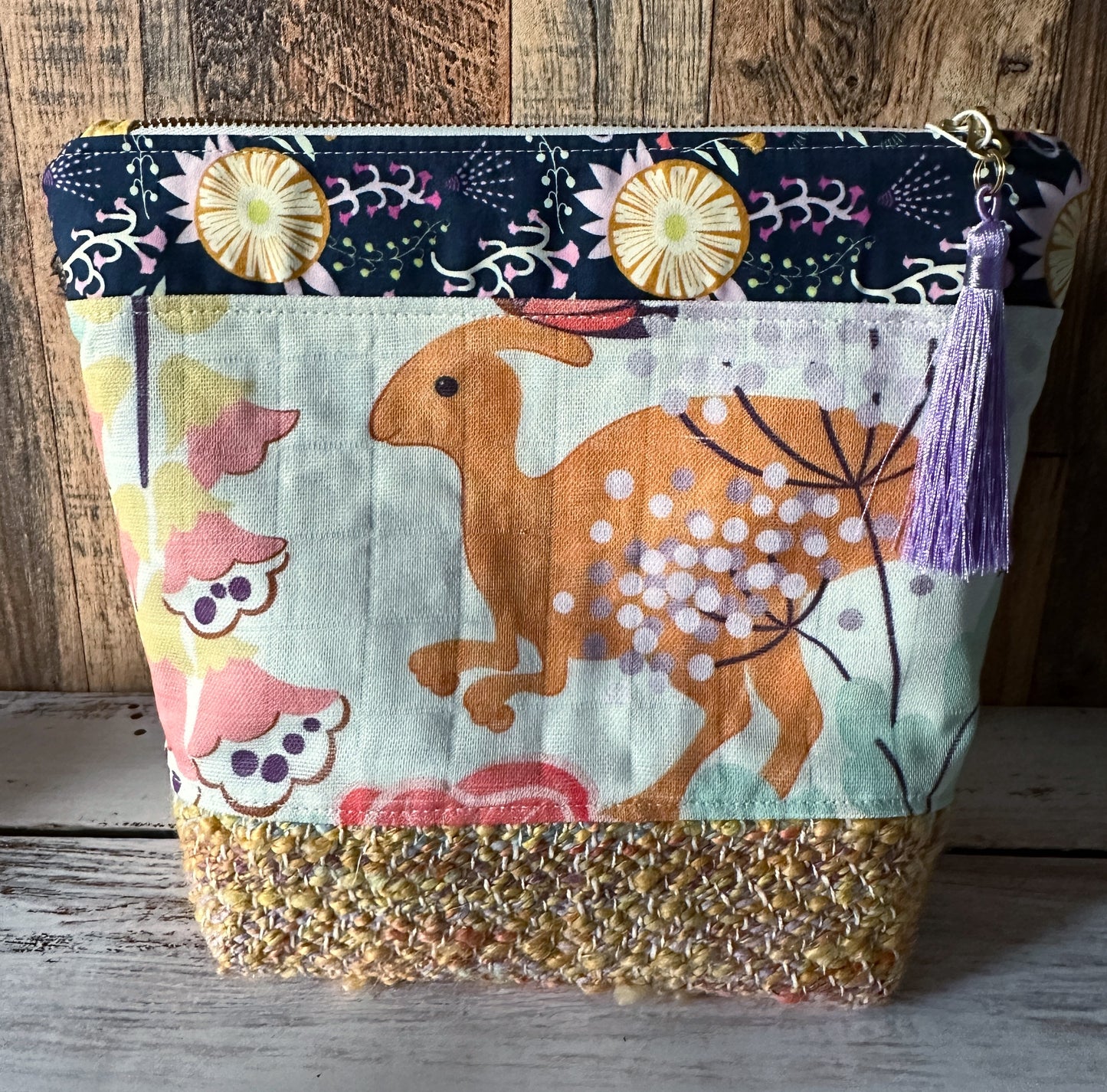 Dinosaurs in the Garden with Woven Wool Cosmetic or Zipper Bag