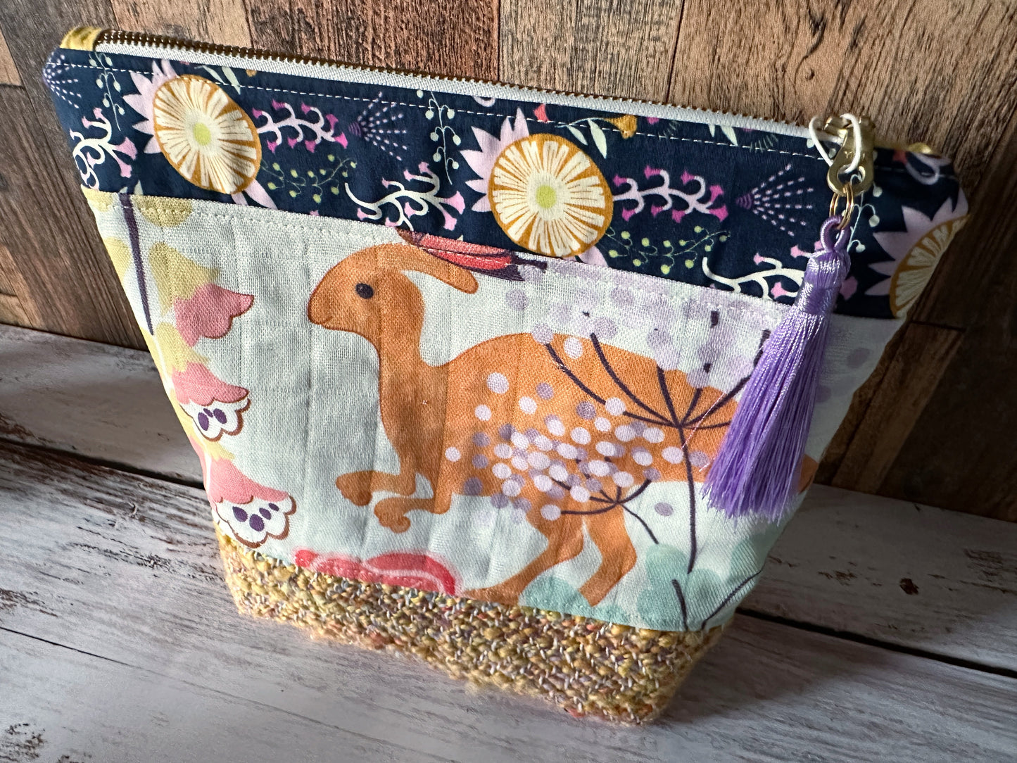 Dinosaurs in the Garden with Woven Wool Cosmetic or Zipper Bag