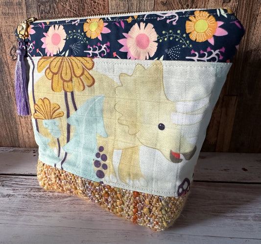 Dinosaurs in the Garden with Woven Wool Cosmetic or Zipper Bag