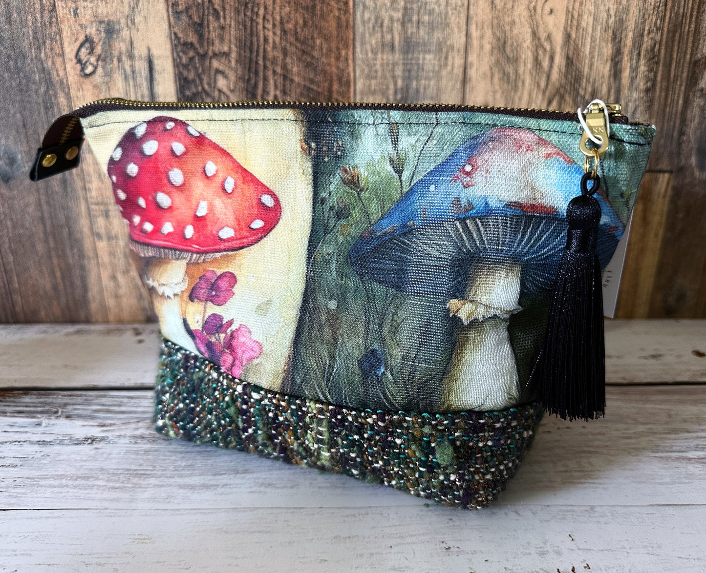 Vibrant Toadstools & Handwoven Wool Small Open Wide Bag