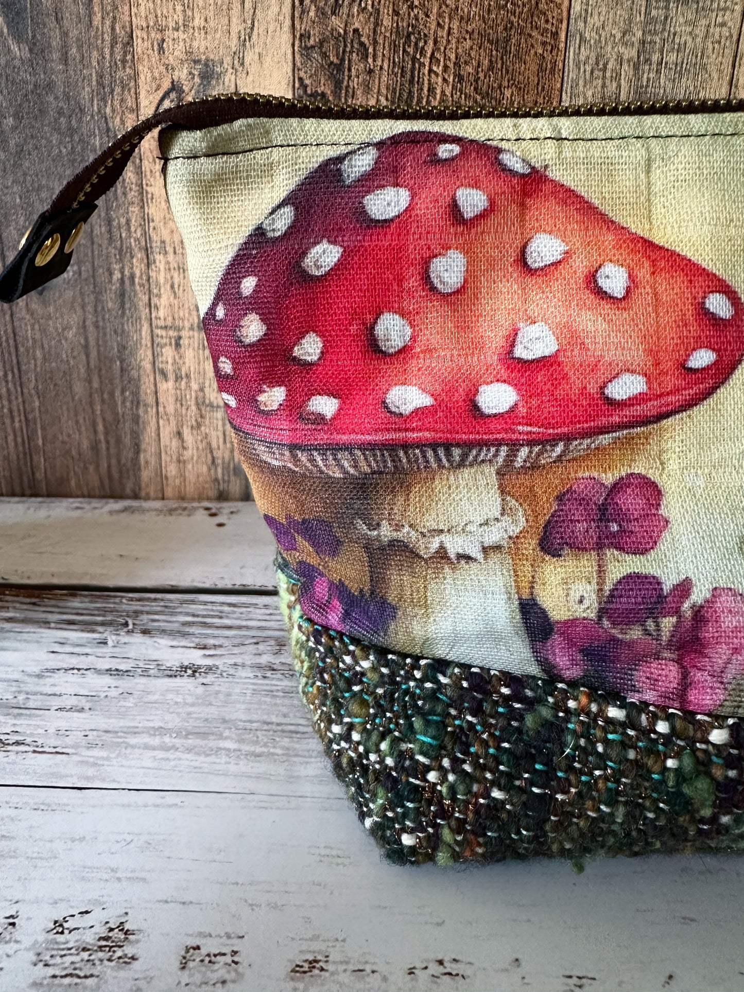 Vibrant Toadstools & Handwoven Wool Small Open Wide Bag