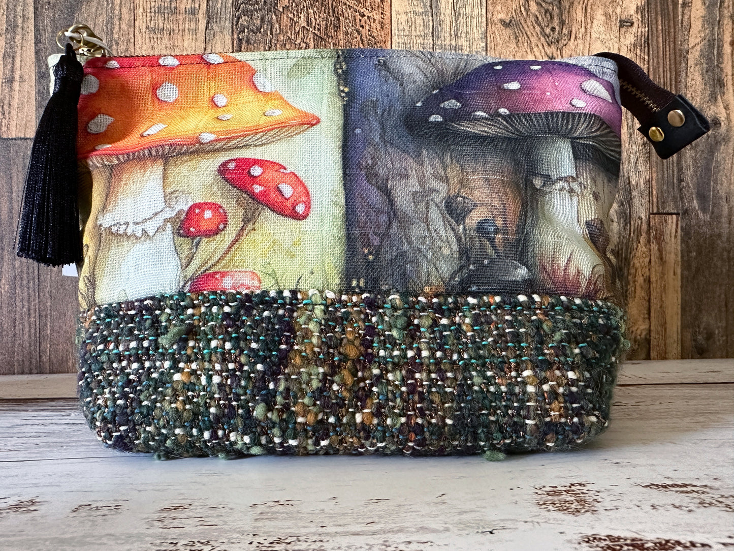 Vibrant Toadstools & Handwoven Wool Small Open Wide Bag
