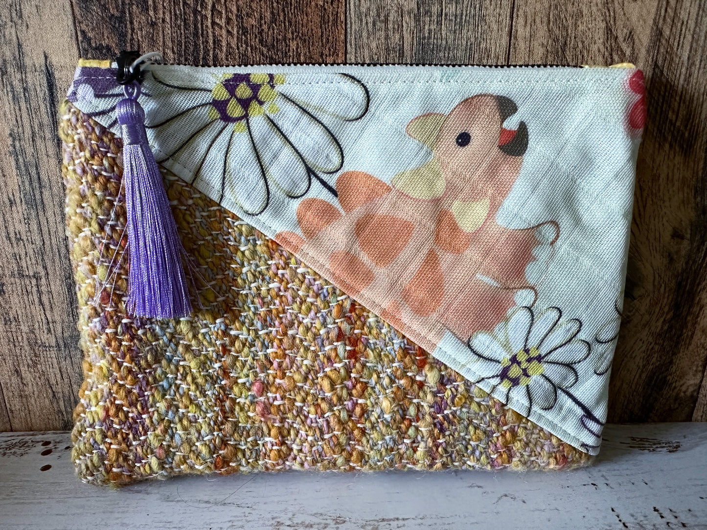 Dinosaurs in the Garden with Handwoven Wool Grab and Go Zipper Bag