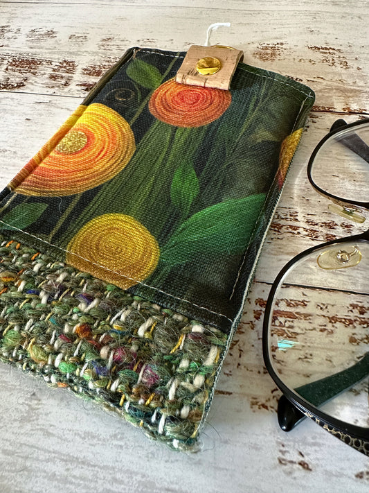 Peony Flowers and Woven Wool Padded Glasses Case