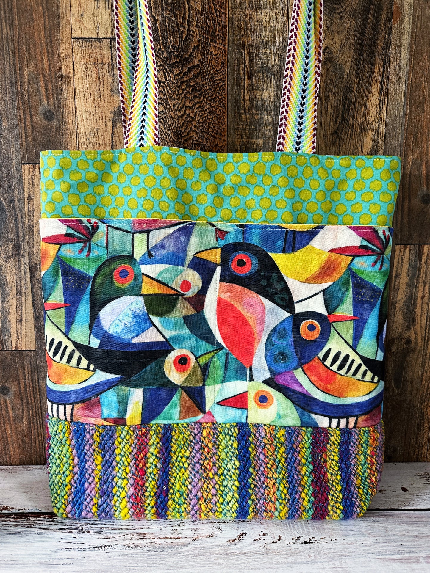 Abstract Birds with Handwoven Wool Extra Large Tote