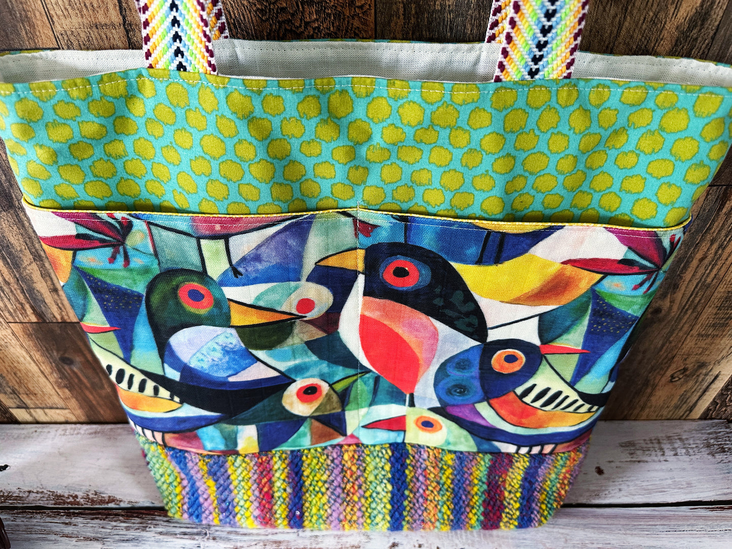Abstract Birds with Handwoven Wool Extra Large Tote