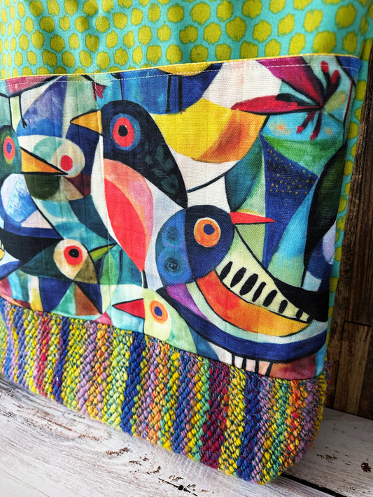 Abstract Birds with Handwoven Wool Extra Large Tote