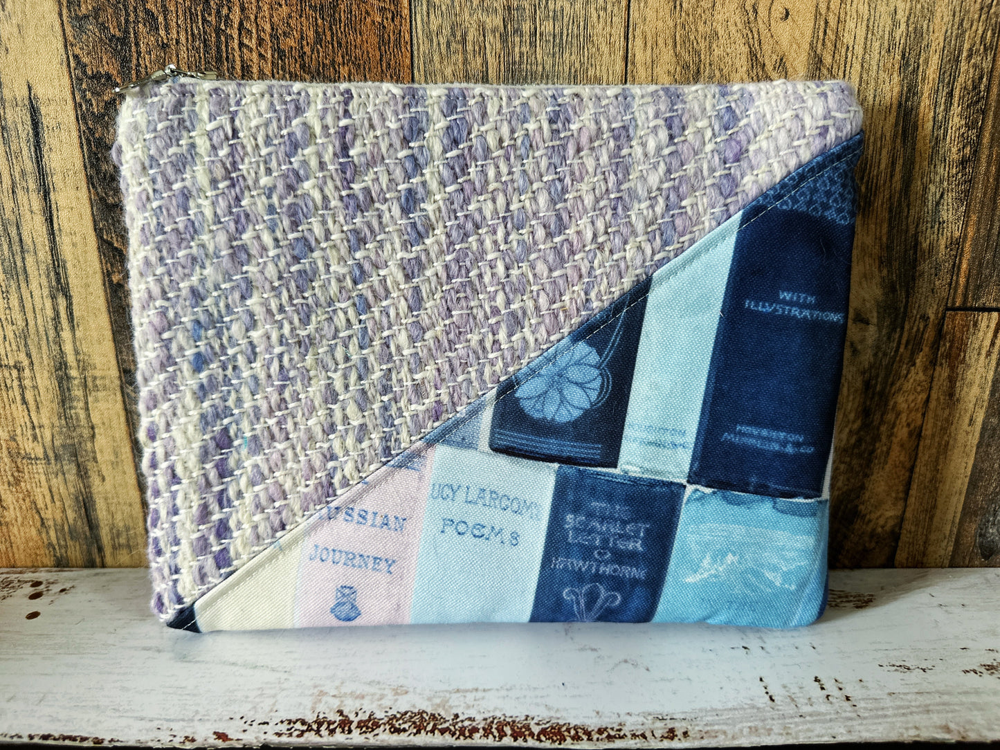 Vintage Bookshelf with Handwoven Wool Grab and Go Zipper Bag