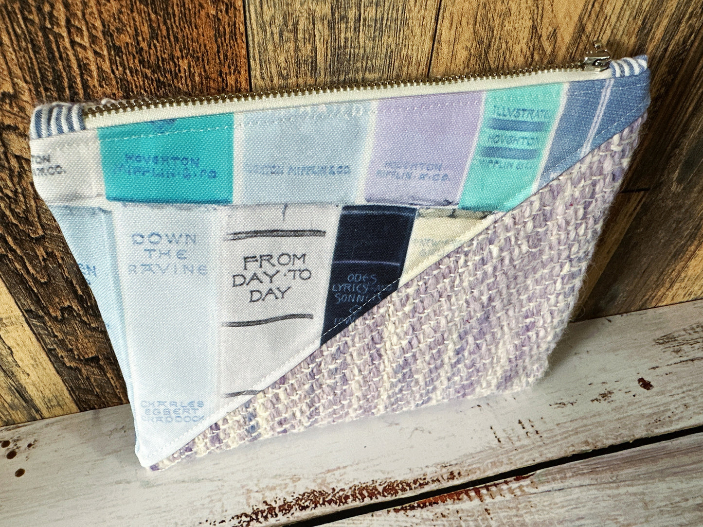 Vintage Bookshelf with Handwoven Wool Grab and Go Zipper Bag