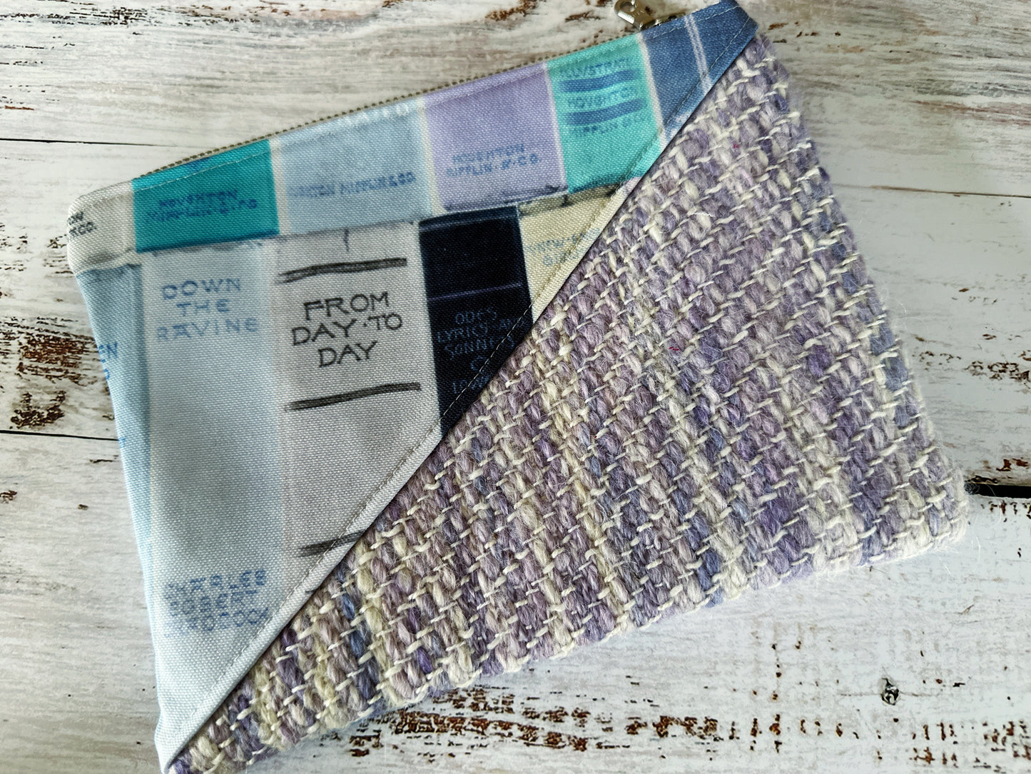 Vintage Bookshelf with Handwoven Wool Grab and Go Zipper Bag