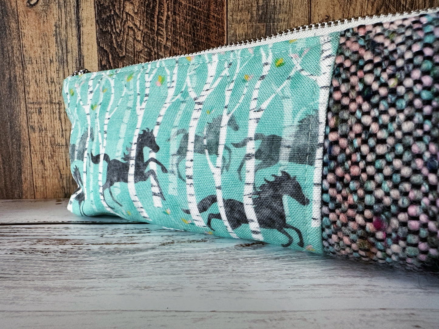 Wild Horses with Handwoven Wool Long and Lean Zipper Bag