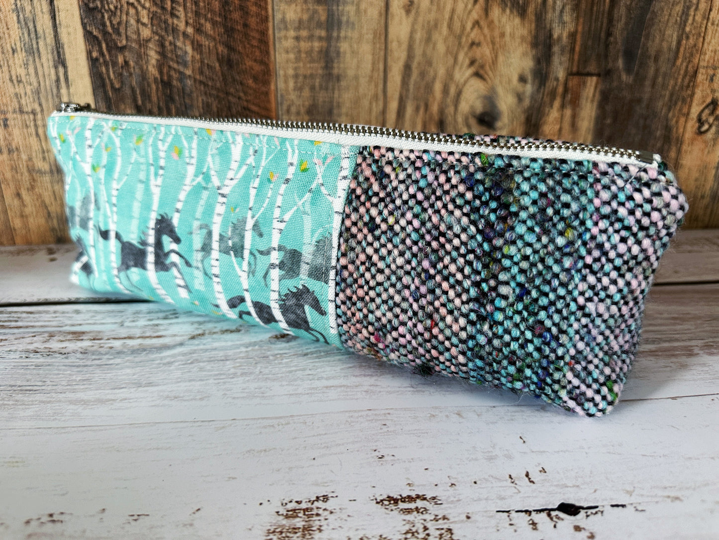 Wild Horses with Handwoven Wool Long and Lean Zipper Bag